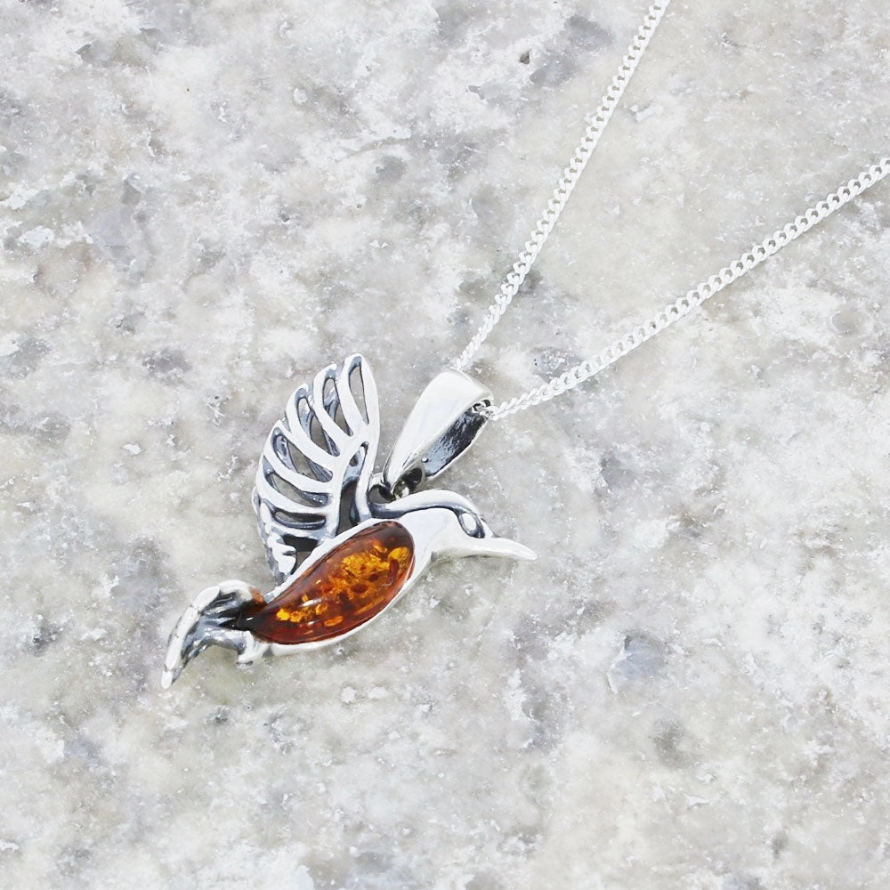 Amber Sterling Silver Hummingbird Pendant and Chain