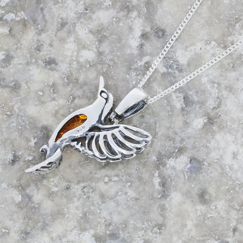 Amber Sterling Silver Hummingbird Pendant and Chain