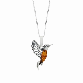 Amber Sterling Silver Hummingbird Pendant and Chain