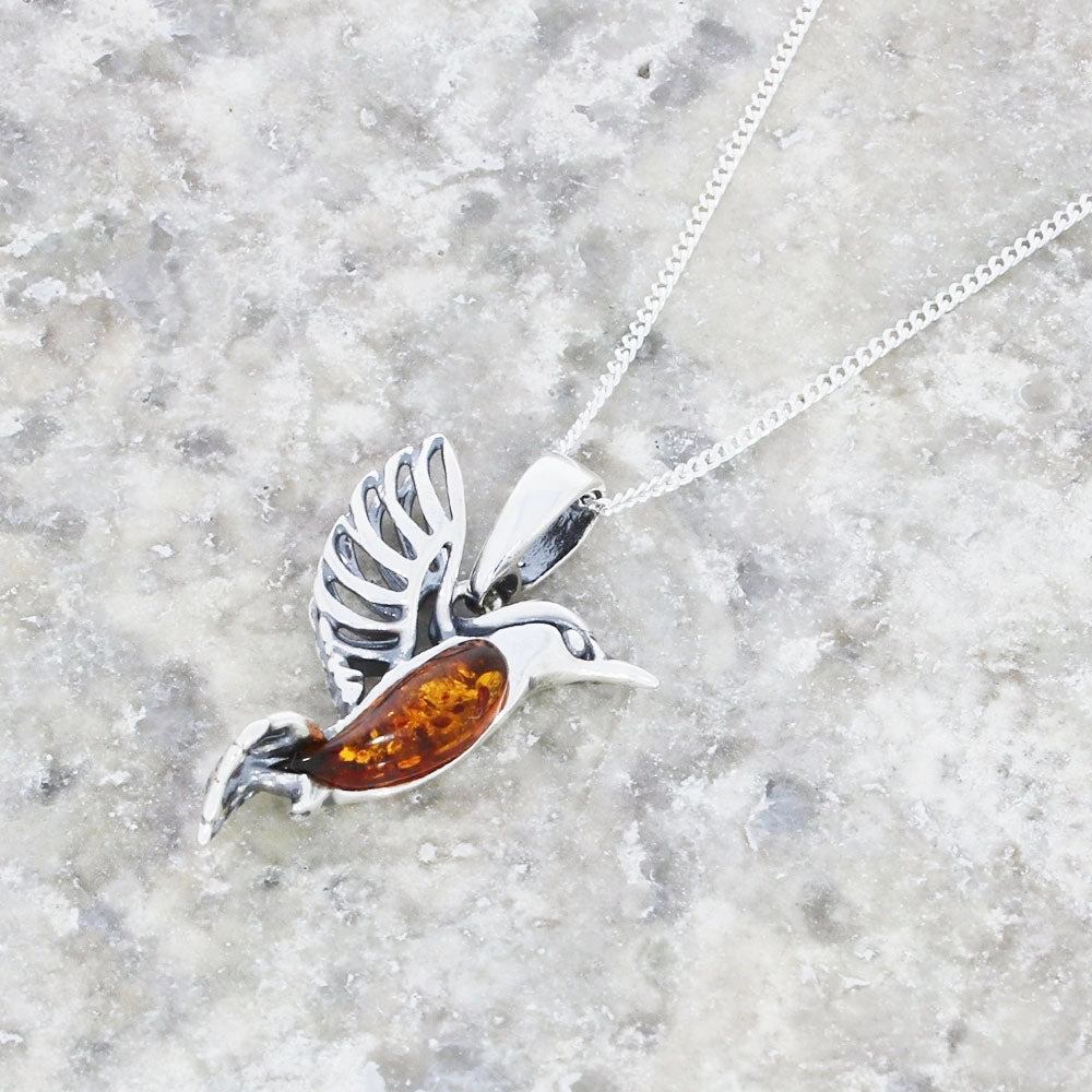 Amber Sterling Silver Hummingbird Pendant and Chain