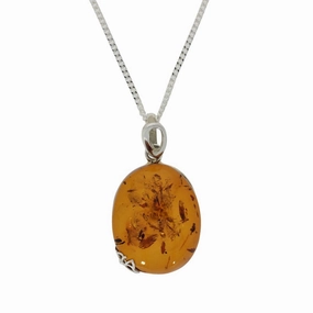 Amber Sterling Silver Large Oval Pendant & Chain