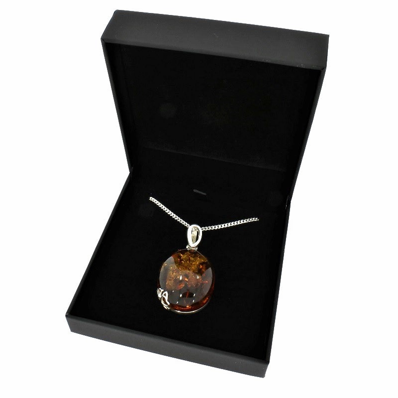 Amber Sterling Silver Large Oval Pendant & Chain