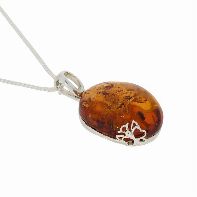 Amber Sterling Silver Large Oval Pendant & Chain