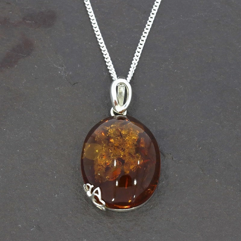 Amber Sterling Silver Large Oval Pendant & Chain