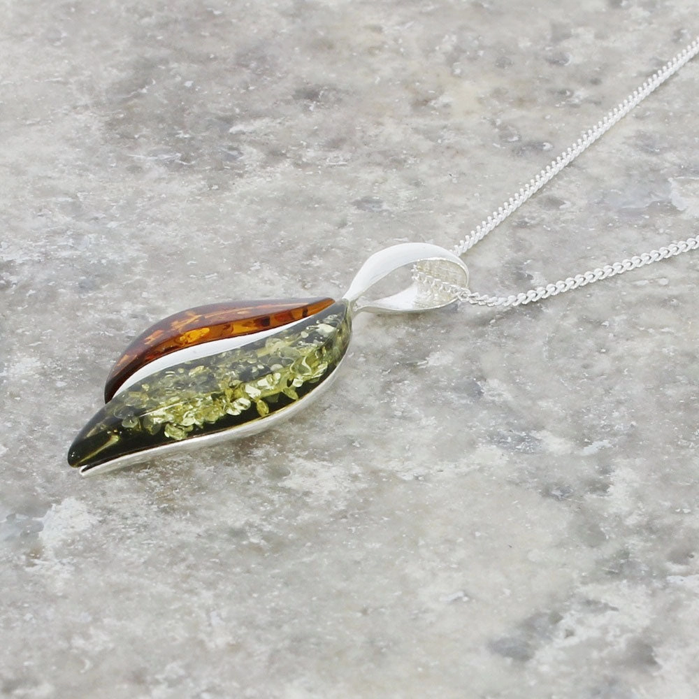 Amber Sterling Silver Leaf Shape Pendant & Chain