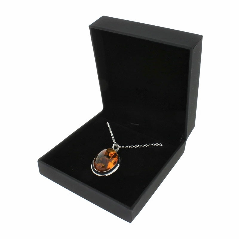 Amber Sterling Silver Oval Pendant & Chain