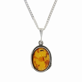 Amber Sterling Silver Oval Pendant and Chain