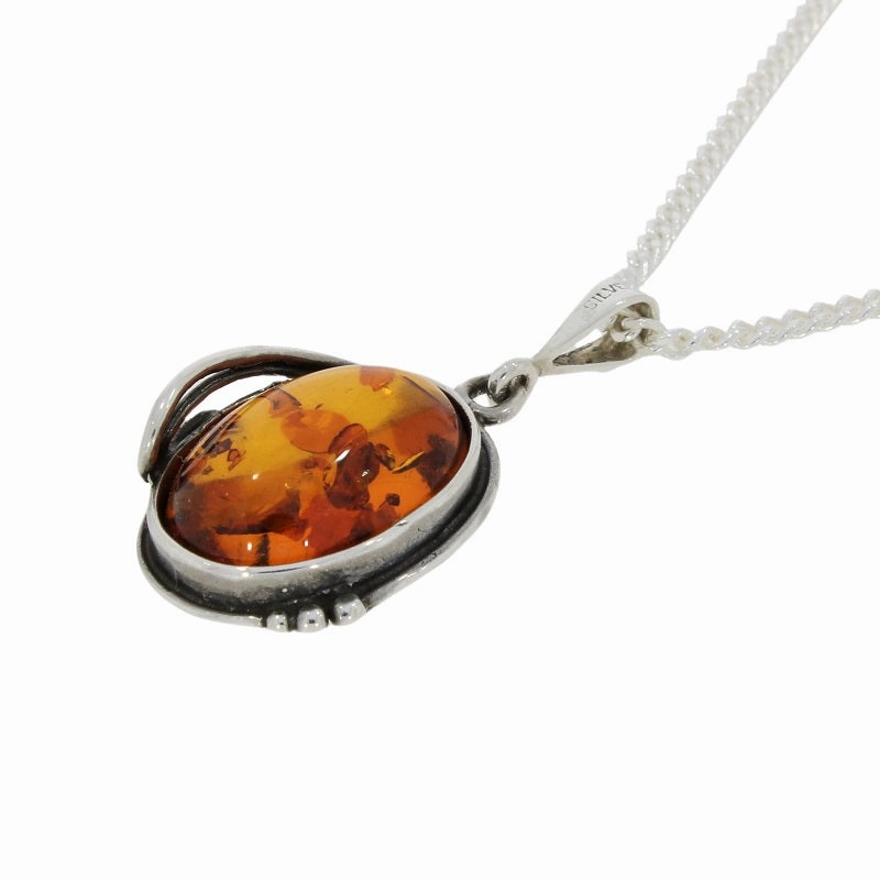 Amber Sterling Silver Oval Pendant and Chain