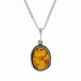 Amber Sterling Silver Oval Pendant and Chain