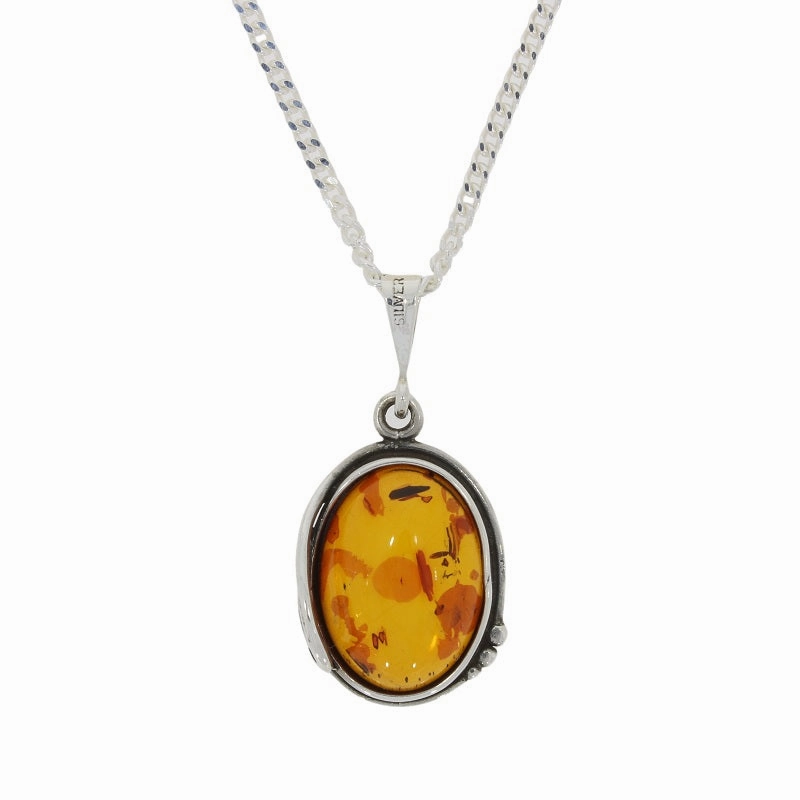 Amber Sterling Silver Oval Pendant and Chain