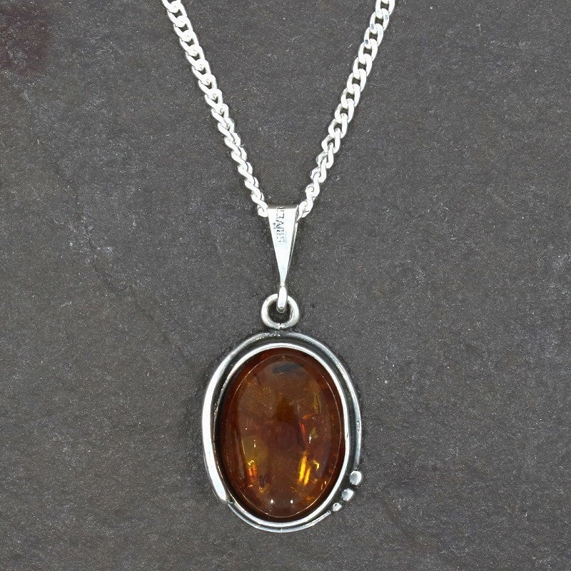 Amber Sterling Silver Oval Pendant and Chain