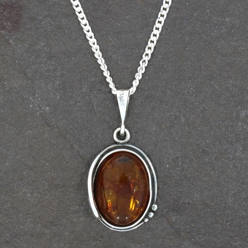 Amber Sterling Silver Oval Pendant and Chain