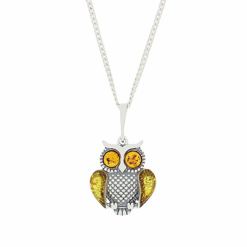 Amber Sterling Silver Owl Pendant and Chain