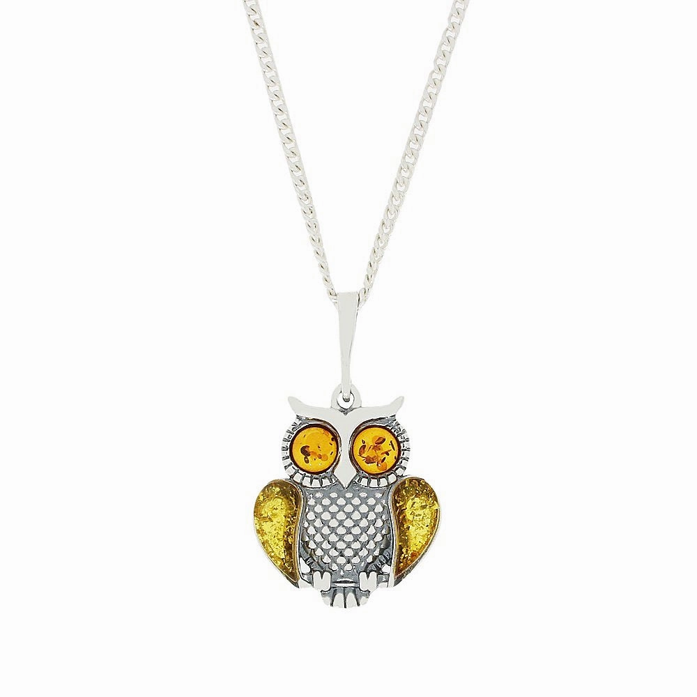 Amber Sterling Silver Owl Pendant and Chain