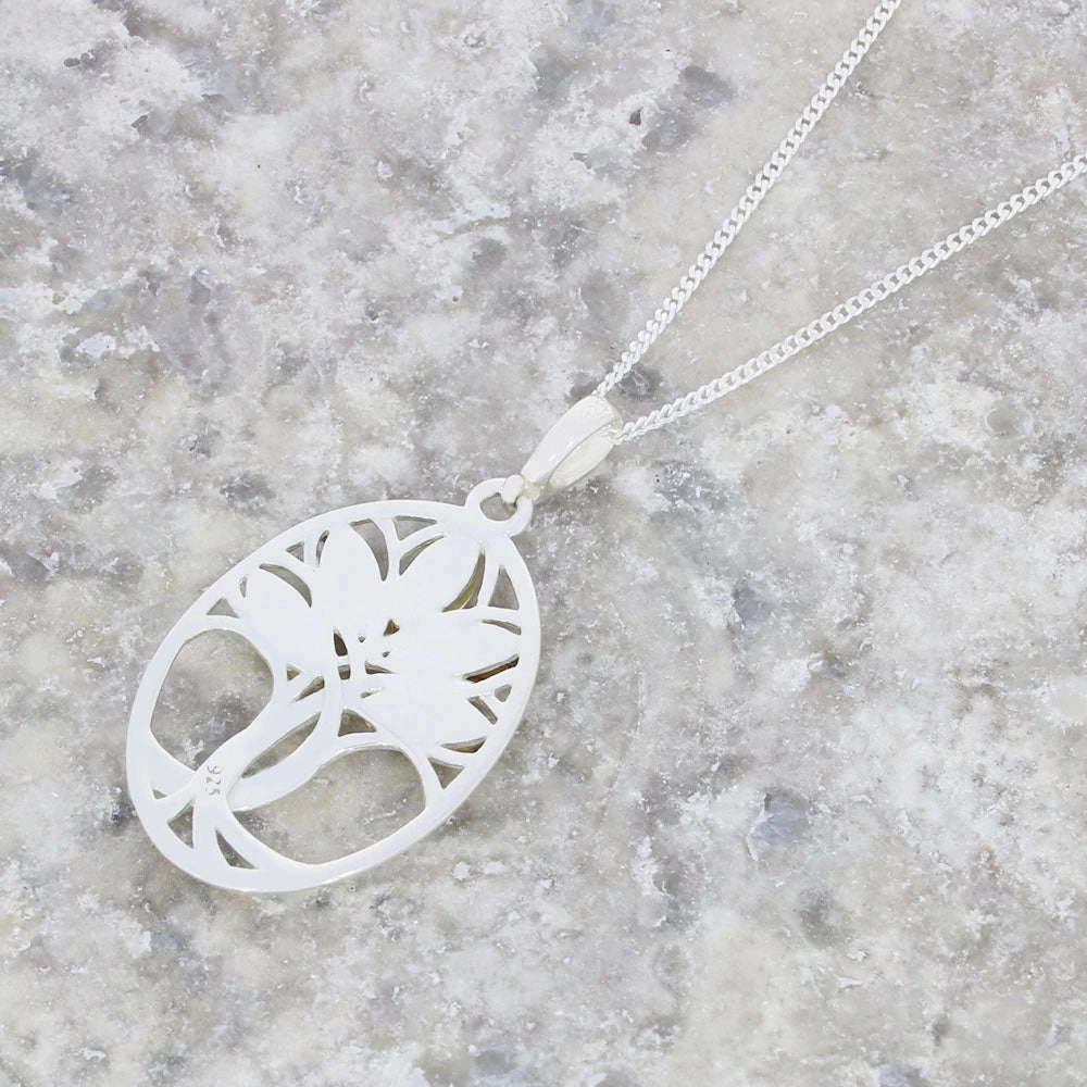 Amber Sterling Silver Tree of Life Pendant & Chain