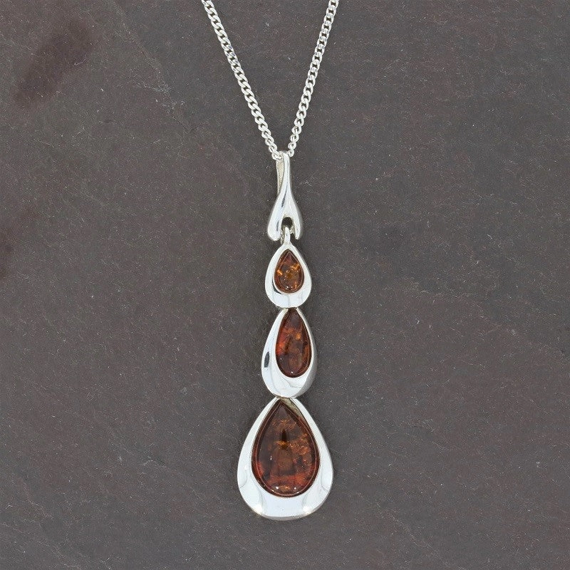 Amber Sterling Silver Triple Drop Pendant & Chain