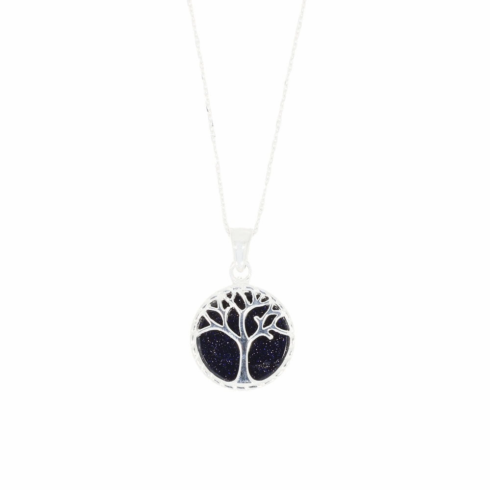 Blue Goldstone Sterling Silver Tree of Life Pendant & Chain