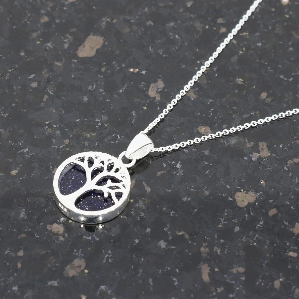 Blue Goldstone Sterling Silver Tree of Life Pendant & Chain