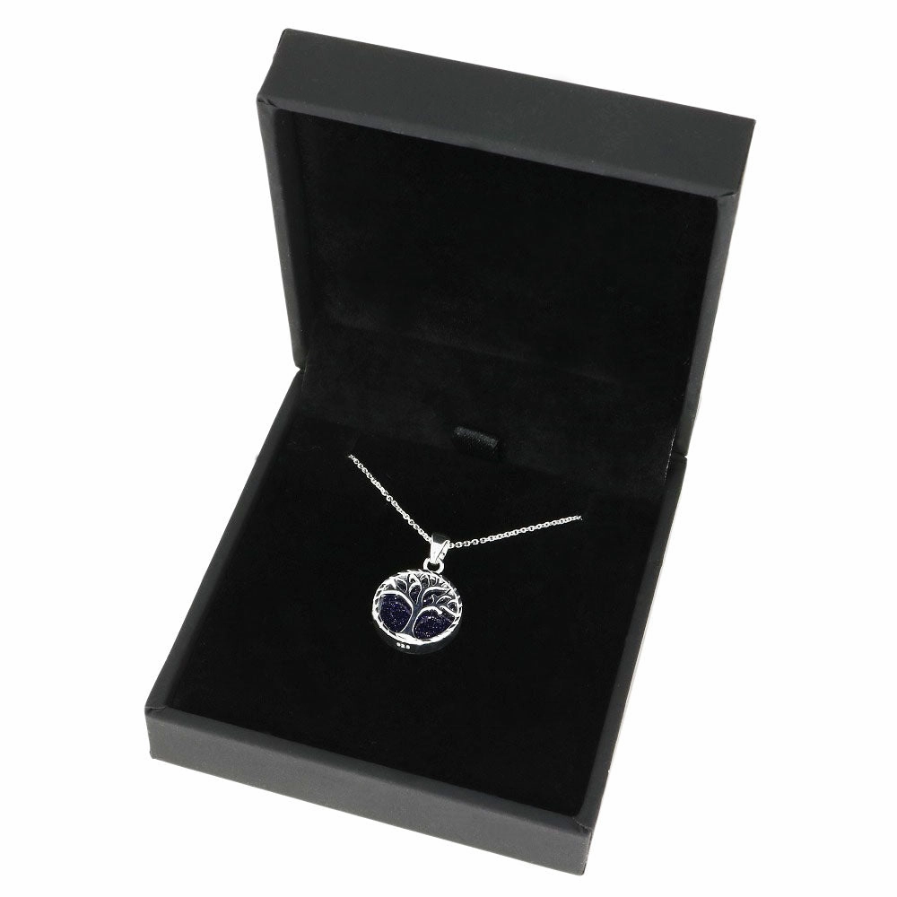 Blue Goldstone Sterling Silver Tree of Life Pendant & Chain