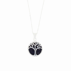 Blue Goldstone Sterling Silver Tree of Life Pendant & Chain