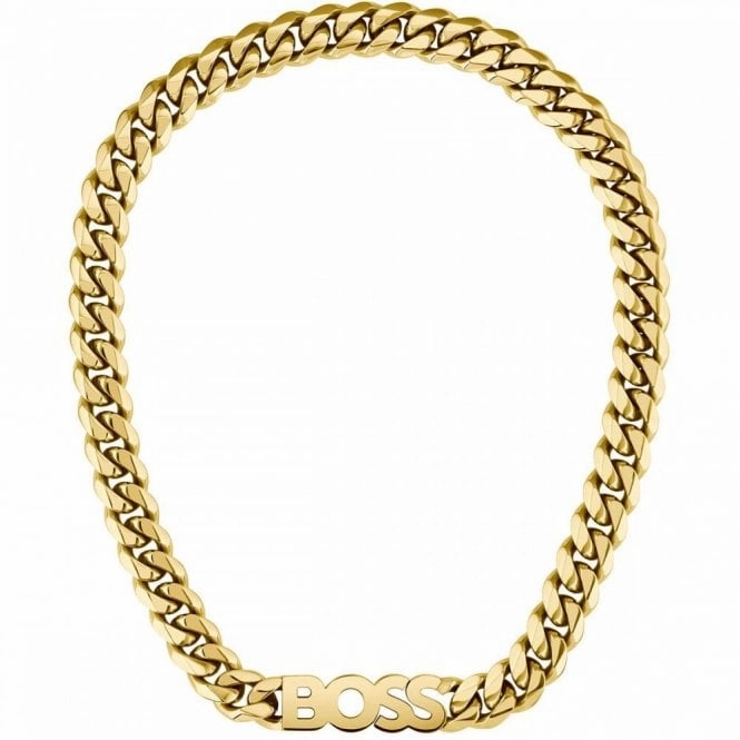 BOSS Jewellery Mens Kassy Gold Plated Stainless Steel Logo Necklace 1580442