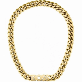 BOSS Jewellery Mens Kassy Gold Plated Stainless Steel Logo Necklace 1580442