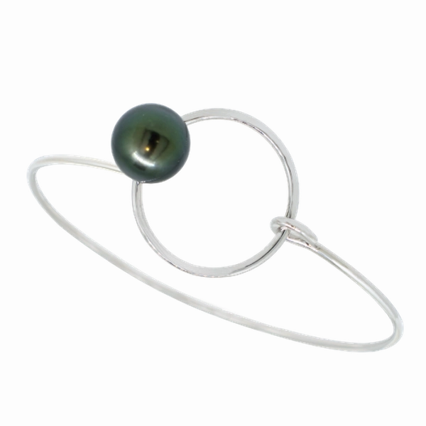 Bracelet rigide argent et perle de Tahiti ronde A 9..6/10.5 mm