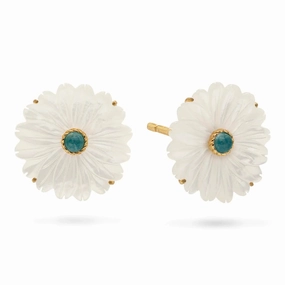 Capucine de Wulf Mermaid Garden Flower Stud Earrings In Mother of Pearl and Ocean Jade