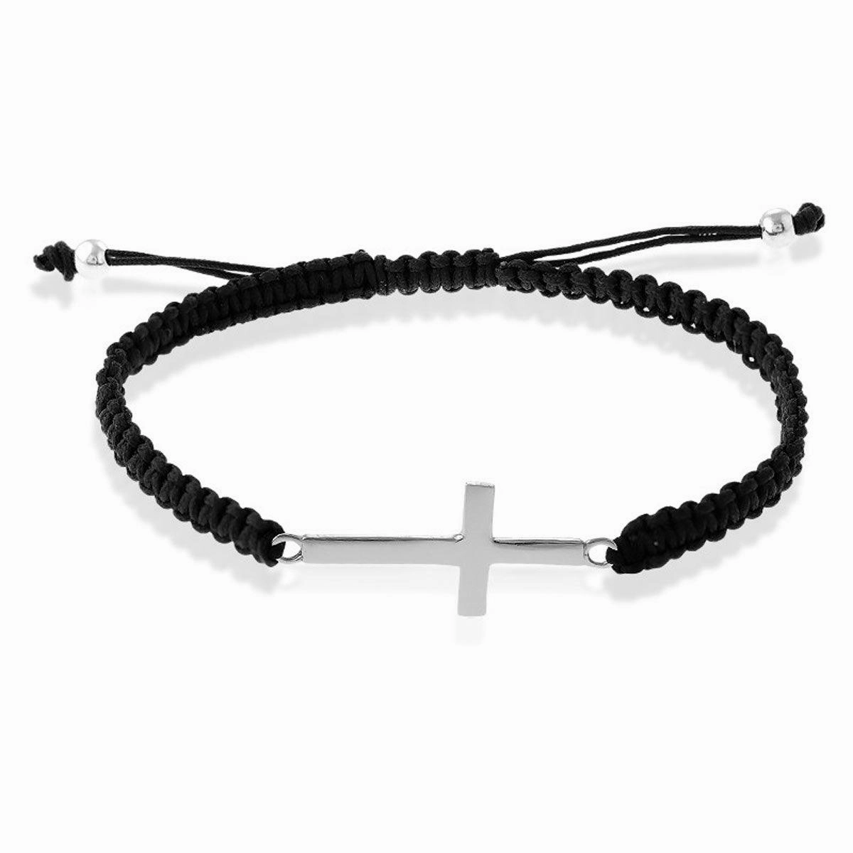 Classic Men's Bracelet - Sterling Silver Flat Cross on Black Macrame | S-4839