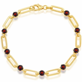 Classic Women's Bracelet - Gold Plated 4.5mm Round Red Garnet Paperclip | T-7995
