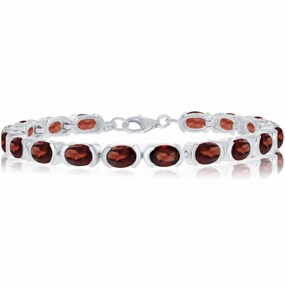 Classic Women's Bracelet - Sterling Silver 7x5 mm Oval Red Garnet Gemstone | T-7591