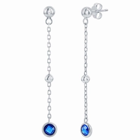 Classic Women's Earrings - Sterling Sapphire Bezel-Set CZ and Bead Chain | D-8376