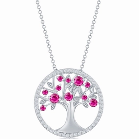 Classic Women's Necklace - Silver Ruby CZ July Birthstone Tree of Life | M-6766