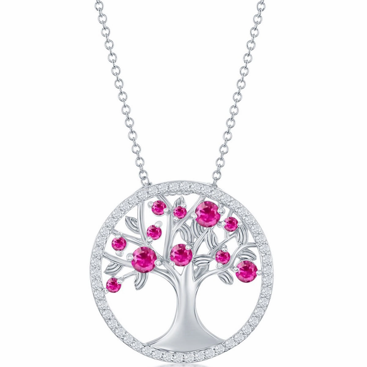 Classic Women's Necklace - Silver Ruby CZ July Birthstone Tree of Life | M-6766