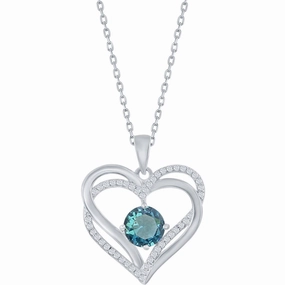 Classic Women's Pendant - Sterling Silver Double Heart Blue CZ Birthstone| K-8928