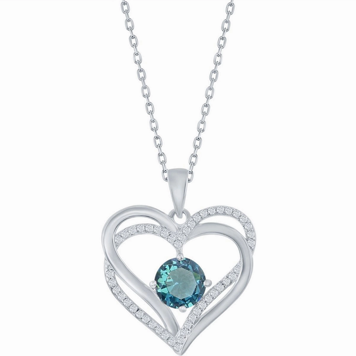 Classic Women's Pendant - Sterling Silver Double Heart Blue CZ Birthstone| K-8928