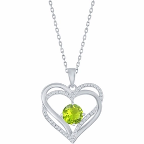 Classic Women's Pendant - Sterling Silver Double Heart Peridot CZ Birthstone| K-8924