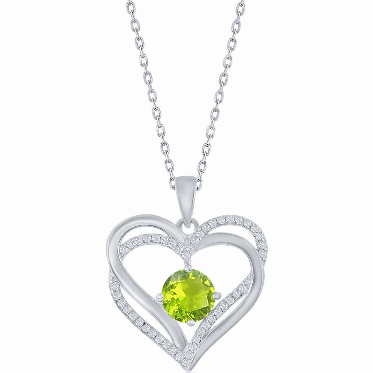 Classic Women's Pendant - Sterling Silver Double Heart Peridot CZ Birthstone| K-8924