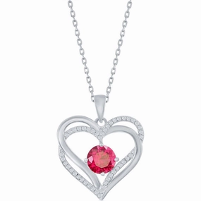 Classic Women's Pendant - Sterling Silver Double Heart Ruby CZ Birthstone | K-8923