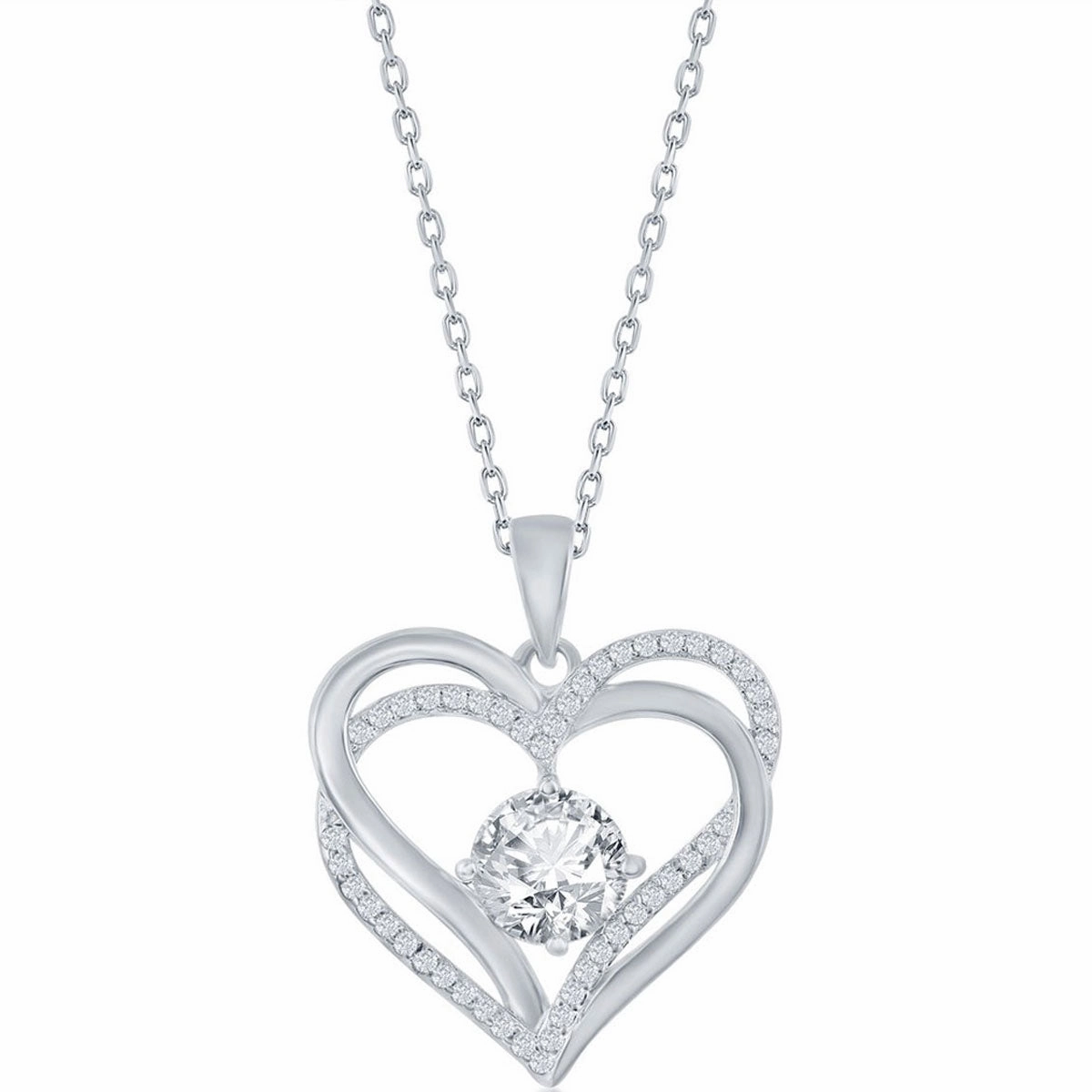 Classic Women's Pendant - Sterling Silver Double Heart White CZ Birthstone | K-8920