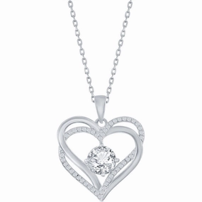 Classic Women's Pendant - Sterling Silver Double Heart White CZ Birthstone | K-8920