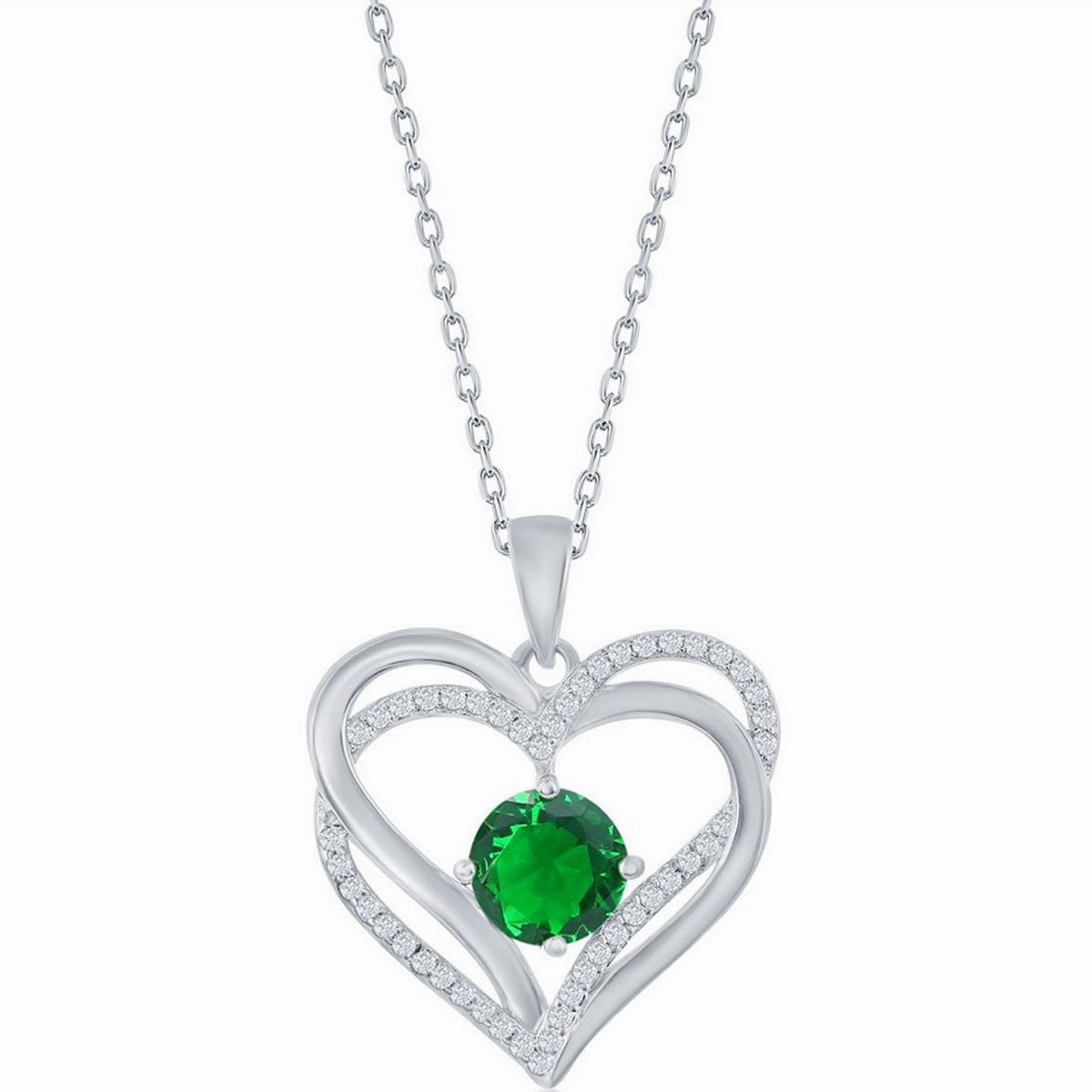 Classic Women's Pendant - Sterling Silver Emerald CZ Birthstone Heart Shape | K-8921