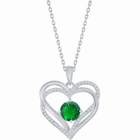 Classic Women's Pendant - Sterling Silver Emerald CZ Birthstone Heart Shape | K-8921
