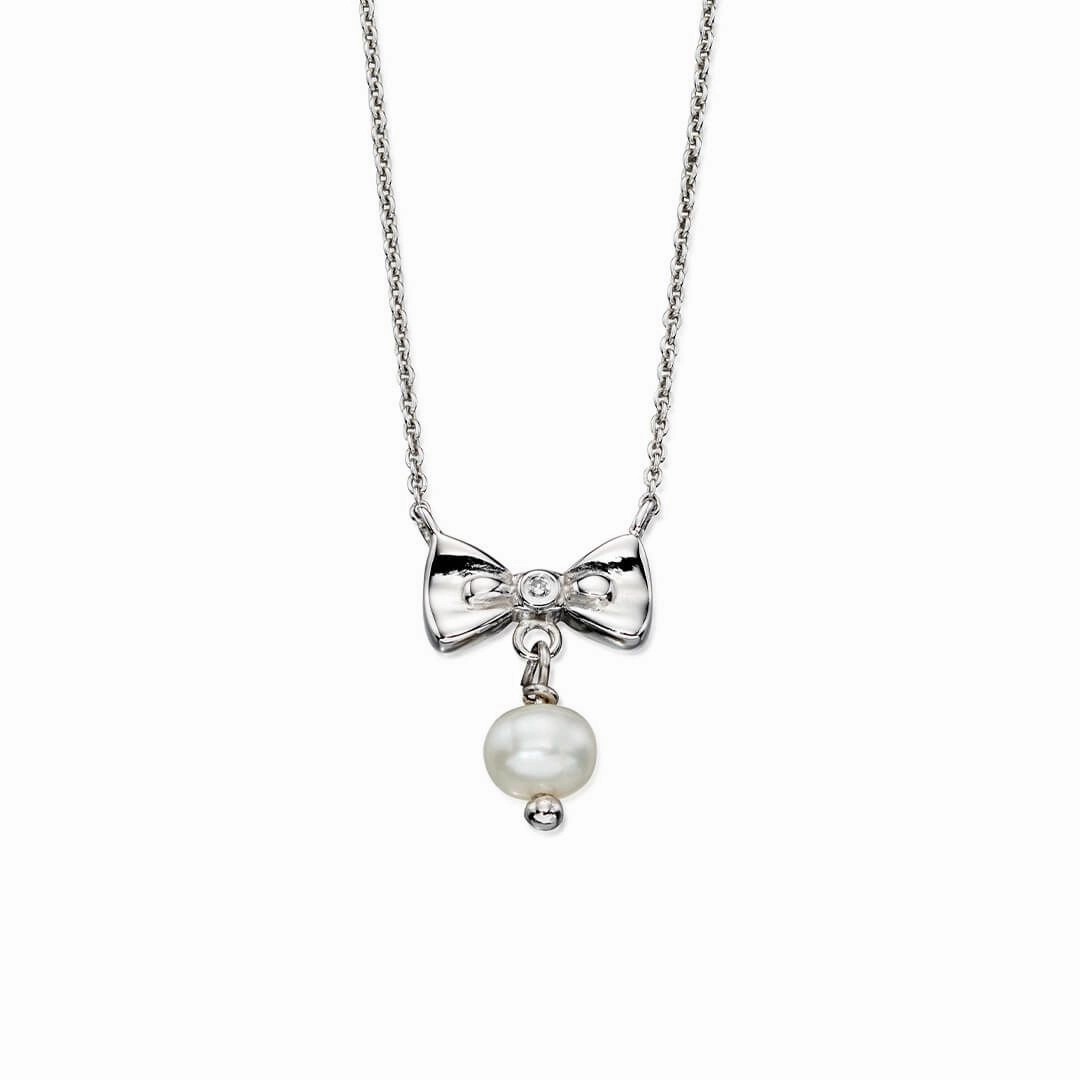D for Diamond Sterling Silver Pearl Bow Girls Necklace N4077