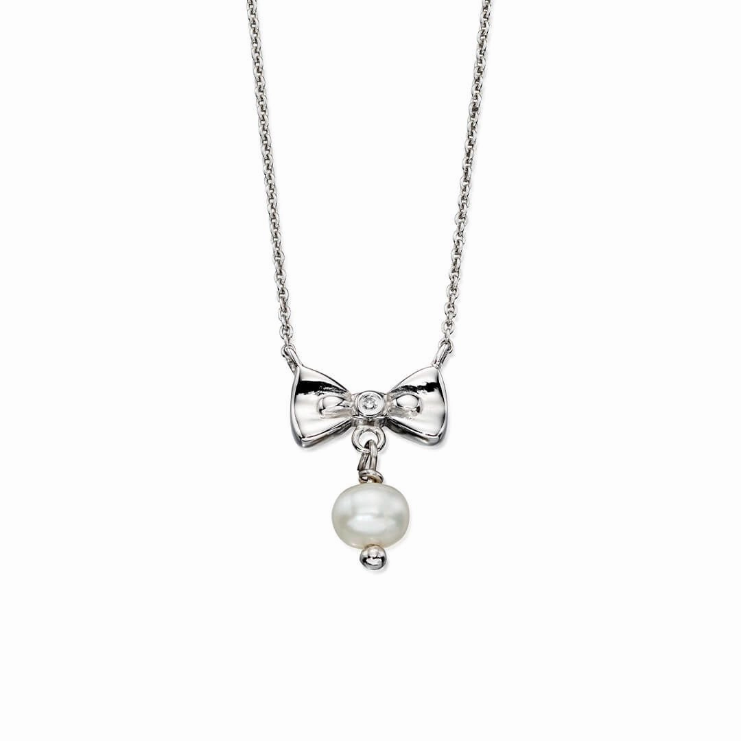 D for Diamond Sterling Silver Pearl Bow Girls Necklace N4077