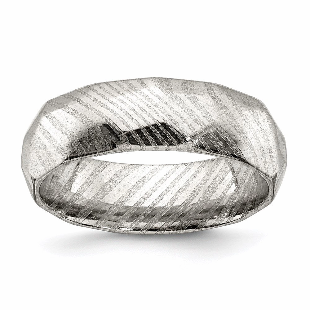 Damascus Steel Polished Faceted 7mm Band | SR679