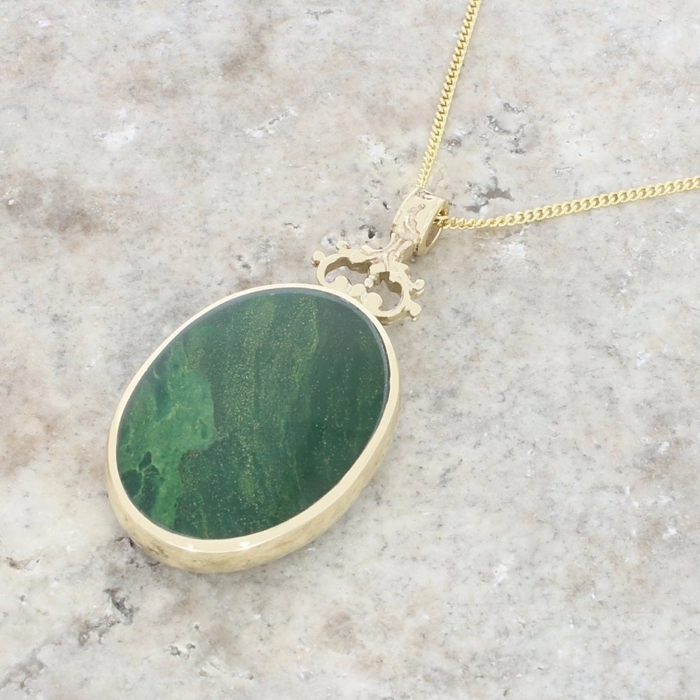 Derbyshire Blue John and Jade 9ct Yellow Gold Oval Pendant Necklace