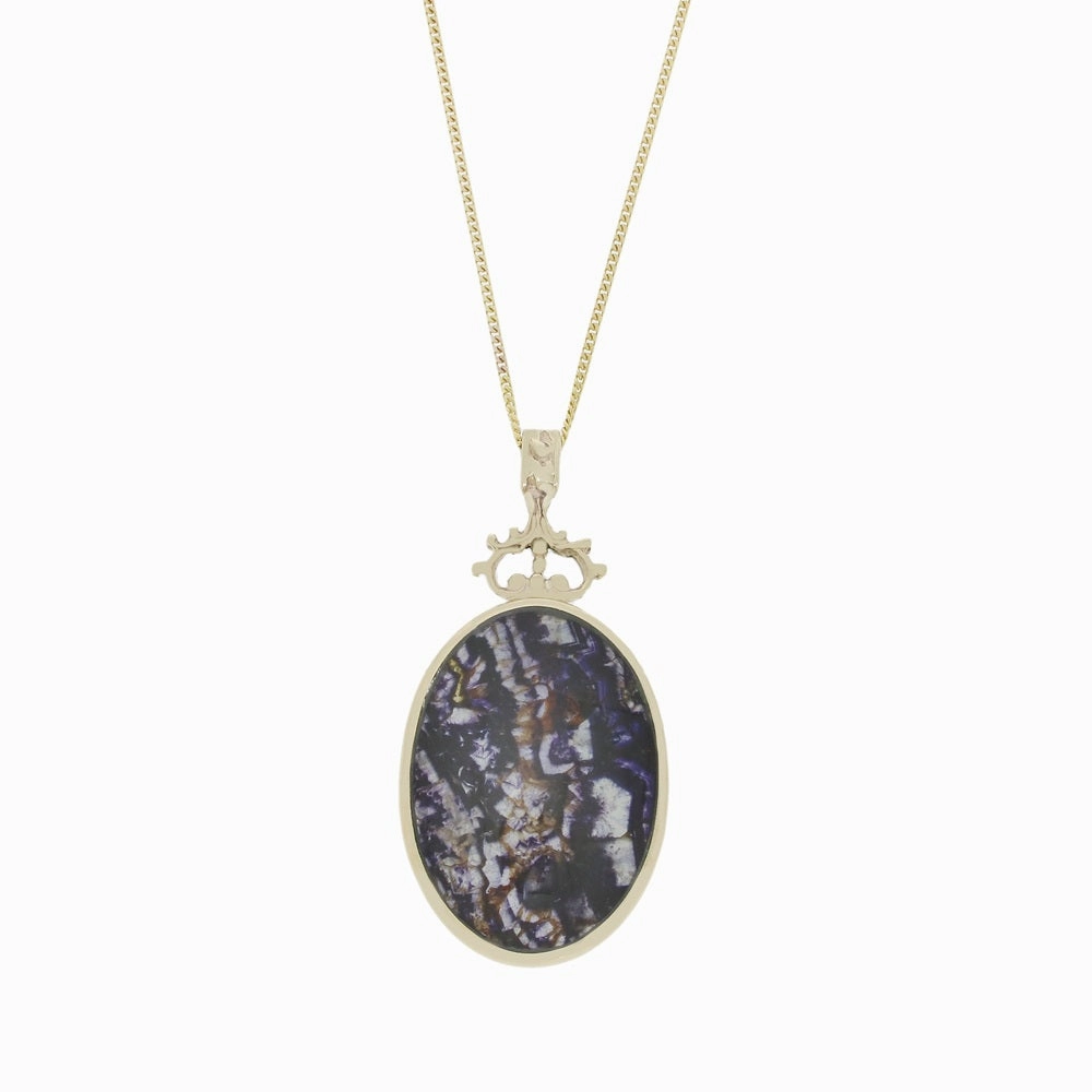 Derbyshire Blue John and Jade 9ct Yellow Gold Oval Pendant Necklace