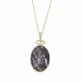 Derbyshire Blue John and Jade 9ct Yellow Gold Oval Pendant Necklace