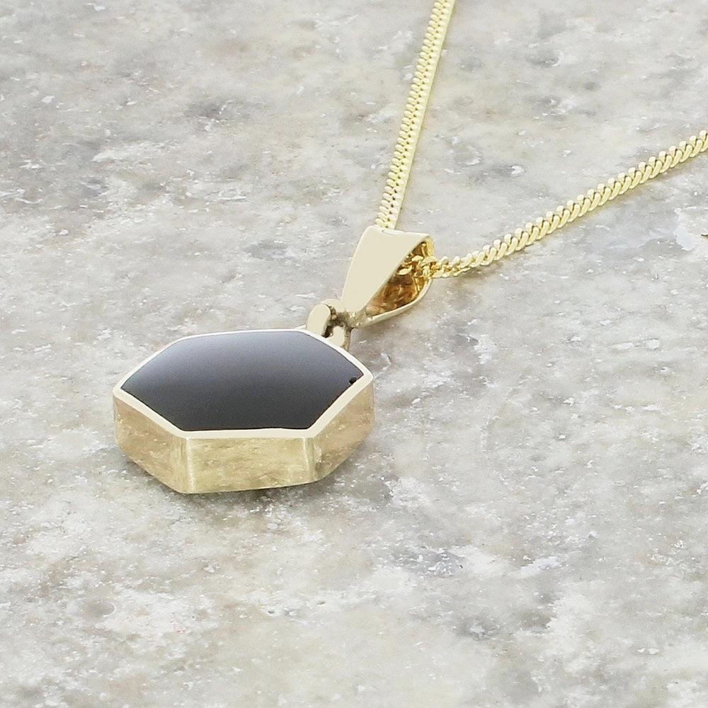 Derbyshire Blue John and Jet 9ct Yellow Gold Hexagonal Reversible Pendant Necklace